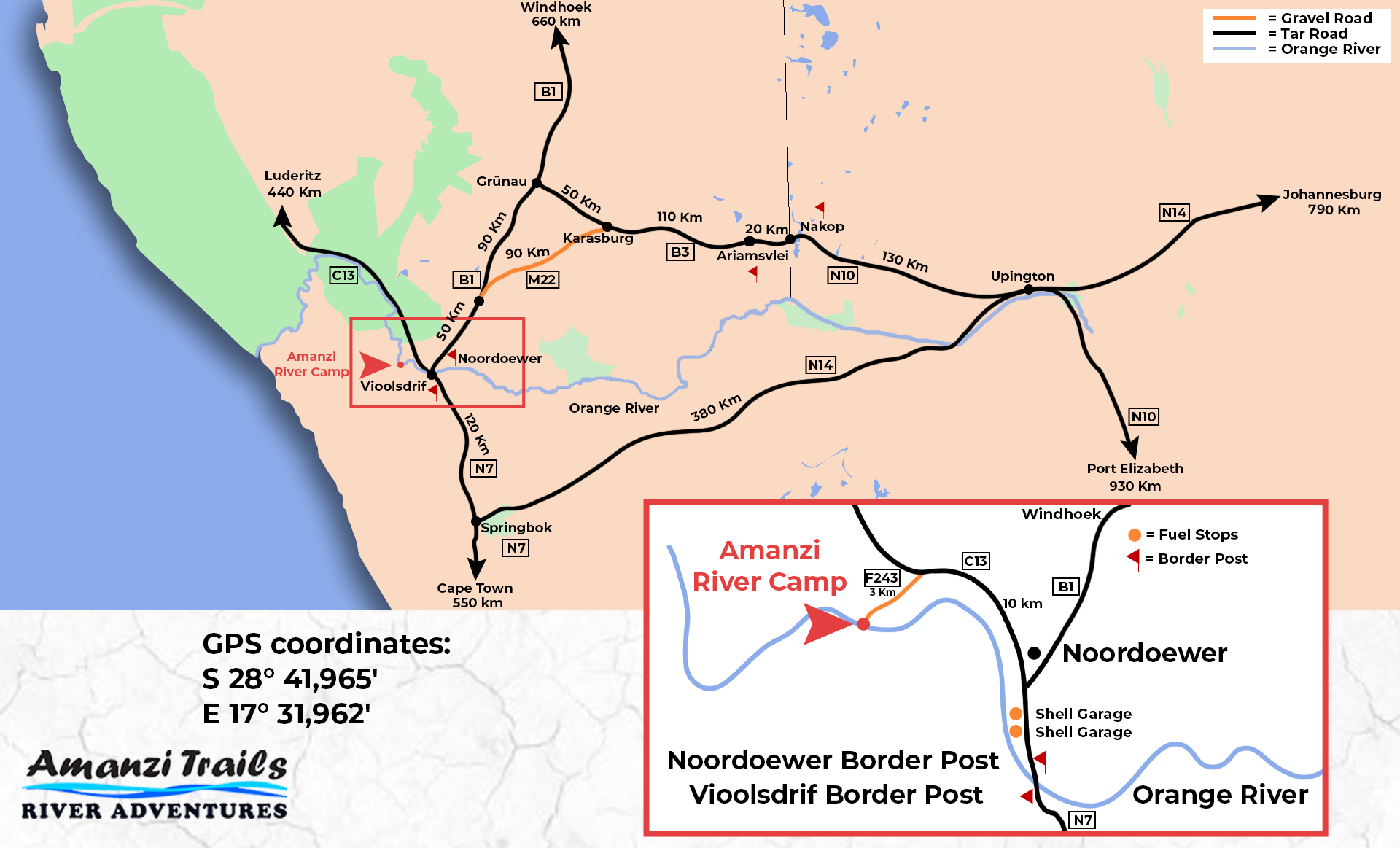 Map showing directions and GPS coordinates to Amanzi River Camp location